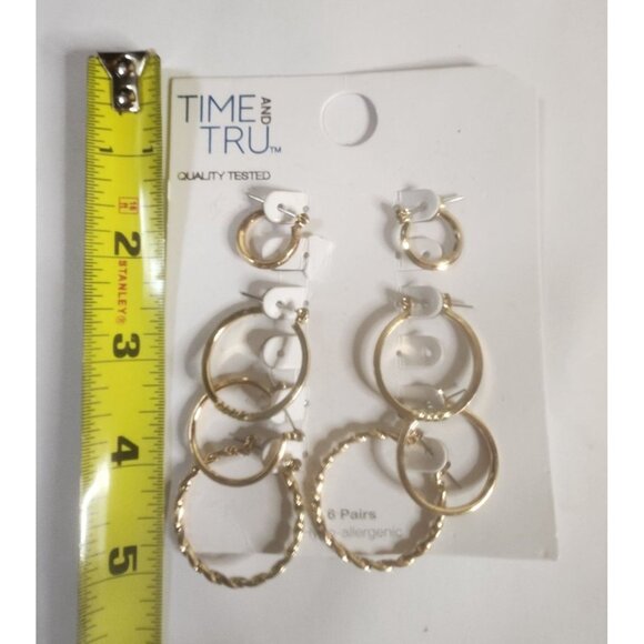 Time And Tru 6-Pair Gold-Tone Hypoallergenic Hoop Earrings Set - Picture 3 of 3